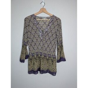 Dressbarn Blouse Womens Large Purple Paisley Sequin V Neck Tunic Top Boho KM